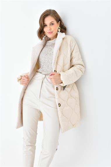 FTZ Women Kadın Kürk Detay Kaban  Taş RBN4067