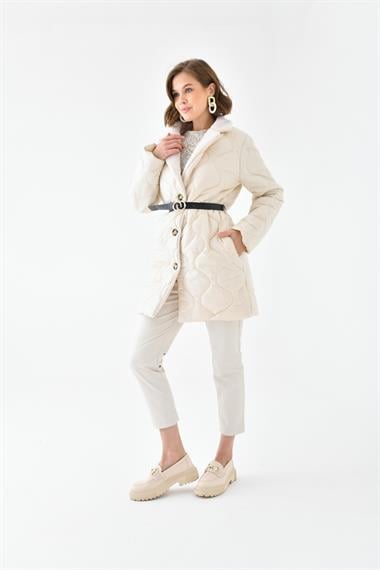 FTZ Women Kadın Kürk Detay Kaban  Taş RBN4067