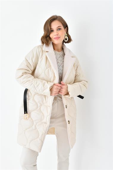 FTZ Women Kadın Kürk Detay Kaban  Taş RBN4067