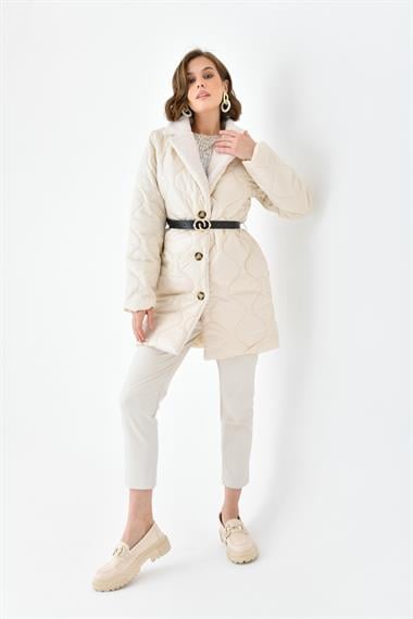 FTZ Women Kadın Kürk Detay Kaban  Taş RBN4067