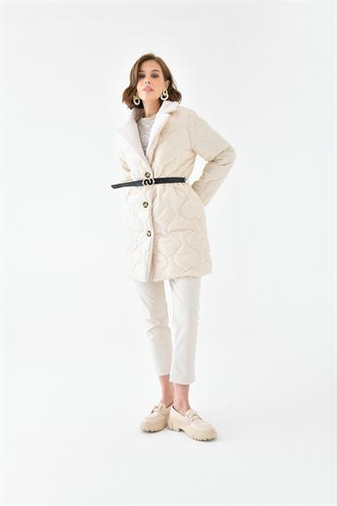 FTZ Women Kadın Kürk Detay Kaban  Taş RBN4067