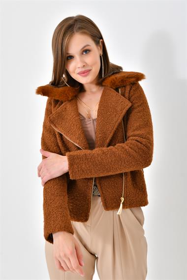 FTZ Women Kadın Kürk Detay Mont  Taba RBN4039