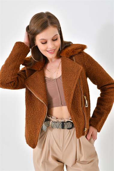 FTZ Women Kadın Kürk Detay Mont  Taba RBN4039