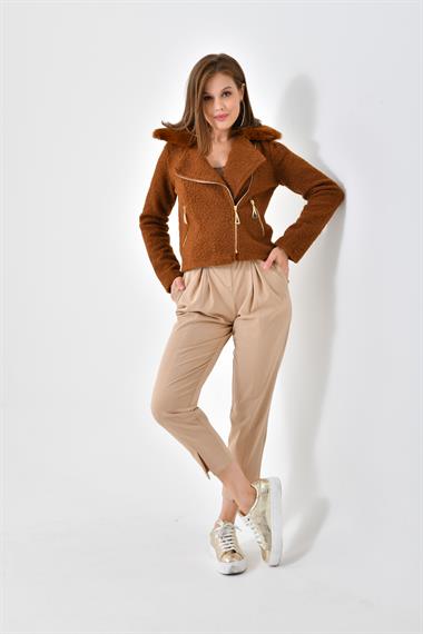 FTZ Women Kadın Kürk Detay Mont  Taba RBN4039