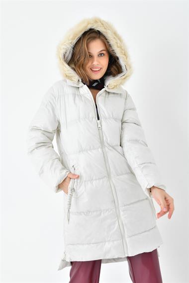 FTZ Women Kadın Kürk Detay Şişme Kaban  Taş RBN4071