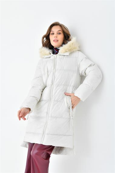 FTZ Women Kadın Kürk Detay Şişme Kaban  Taş RBN4071