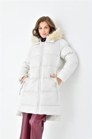 FTZ Women Kadın Kürk Detay Şişme Kaban  Taş RBN4071