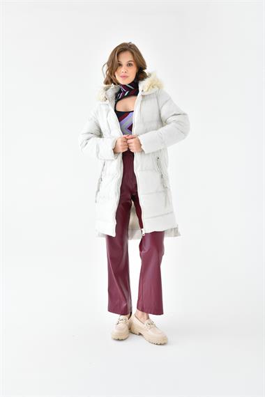 FTZ Women Kadın Kürk Detay Şişme Kaban  Taş RBN4071