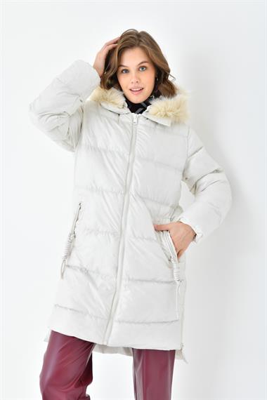 FTZ Women Kadın Kürk Detay Şişme Kaban  Taş RBN4071