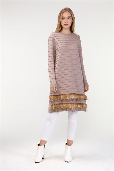 FTZ Women Kadın Kürk Detaylı Tunik  Beige 19-872