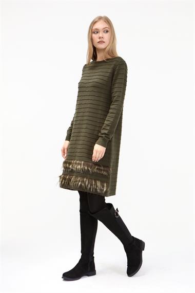 FTZ Women Kadın Kürk Detaylı Tunik  Haki 19-872