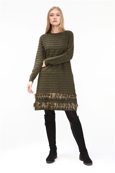 FTZ Women Kadın Kürk Detaylı Tunik  Haki 19-872