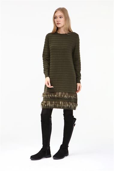 FTZ Women Kadın Kürk Detaylı Tunik  Haki 19-872