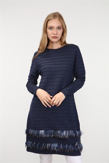 FTZ Women Kadın Kürk Detaylı Tunik  İndigo 19-872