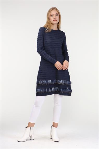 FTZ Women Kadın Kürk Detaylı Tunik  İndigo 19-872
