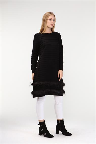 FTZ Women Kadın Kürk Detaylı Tunik  Siyah 19-872