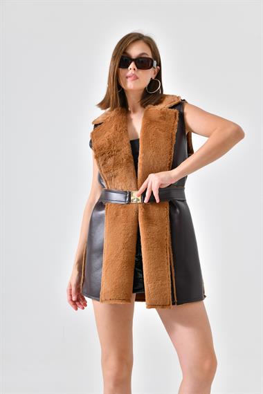 FTZ Women Kadın Kürklü Yelek  Kahve RBN4055