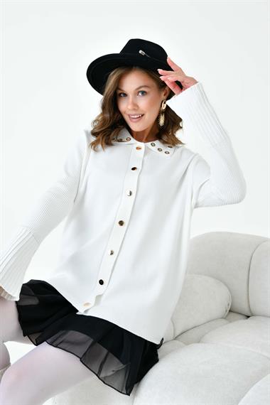 FTZ Women Kadın Kuş Gözü Detaylı Triko Gömlek  Ekru 20820