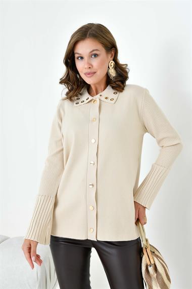 FTZ Women Kadın Kuş Gözü Detaylı Triko Gömlek  Bej 20820