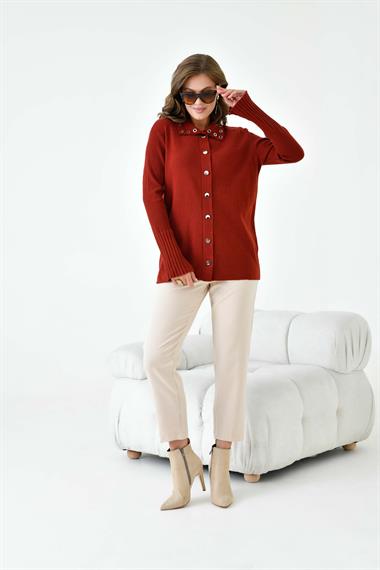 FTZ Women Kadın Kuş Gözü Detaylı Triko Gömlek  Kiremit 20820