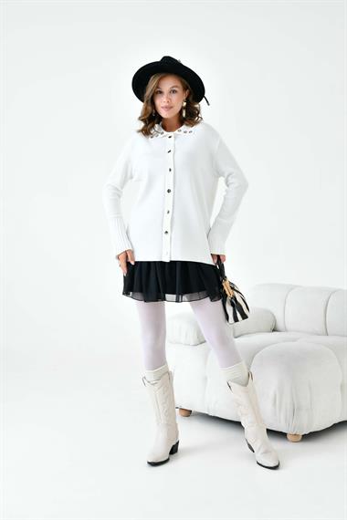 FTZ Women Kadın Kuş Gözü Detaylı Triko Gömlek  Ekru 20820