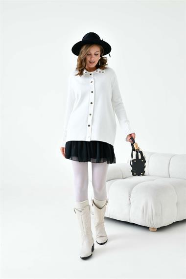 FTZ Women Kadın Kuş Gözü Detaylı Triko Gömlek  Ekru 20820