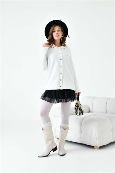 FTZ Women Kadın Kuş Gözü Detaylı Triko Gömlek  Ekru 20820