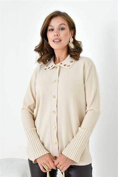 FTZ Women Kadın Kuş Gözü Detaylı Triko Gömlek  Bej 20820