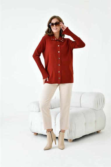 FTZ Women Kadın Kuş Gözü Detaylı Triko Gömlek  Kiremit 20820