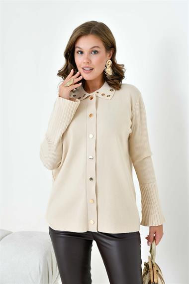 FTZ Women Kadın Kuş Gözü Detaylı Triko Gömlek  Bej 20820