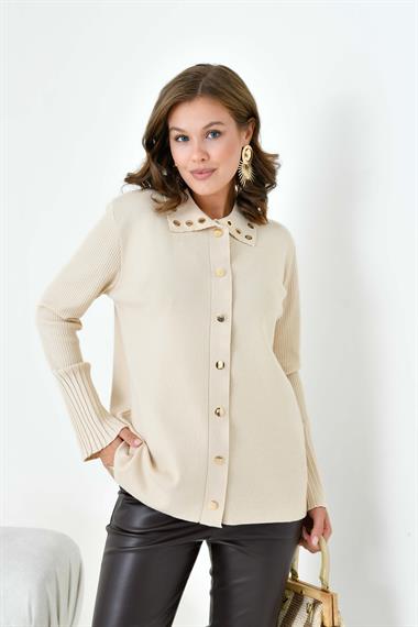 FTZ Women Kadın Kuş Gözü Detaylı Triko Gömlek  Bej 20820