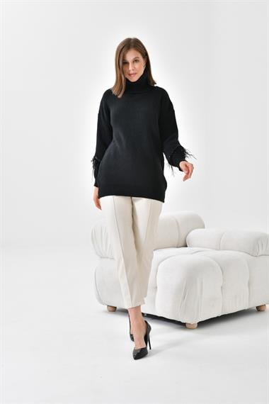 FTZ Women Kadın Kuş Tüyü Detaylı Kazak  Siyah 20409