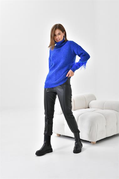 FTZ Women Kadın Kuş Tüyü Detaylı Kazak  Saks Mavi 20409