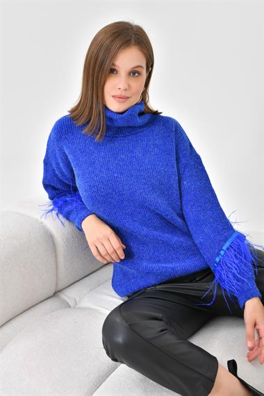 FTZ Women Kadın Kuş Tüyü Detaylı Kazak  Saks Mavi 20409