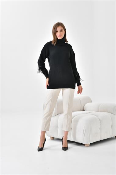 FTZ Women Kadın Kuş Tüyü Detaylı Kazak  Siyah 20409