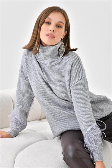FTZ Women Kadın Kuş Tüyü Detaylı Kazak  Gri 20409