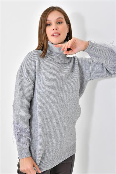 FTZ Women Kadın Kuş Tüyü Detaylı Kazak  Gri 20409