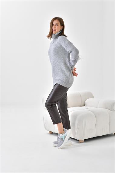 FTZ Women Kadın Kuş Tüyü Detaylı Kazak  Gri 20409