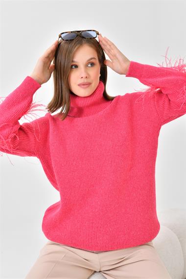 FTZ Women Kadın Kuş Tüyü Detaylı Kazak  Fuşya 20409