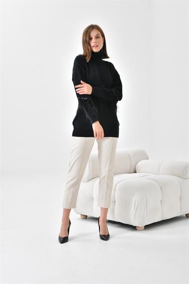 FTZ Women Kadın Kuş Tüyü Detaylı Kazak  Siyah 20409