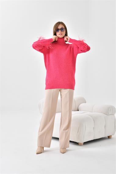 FTZ Women Kadın Kuş Tüyü Detaylı Kazak  Fuşya 20409