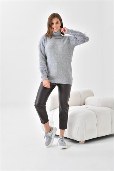 FTZ Women Kadın Kuş Tüyü Detaylı Kazak  Gri 20409