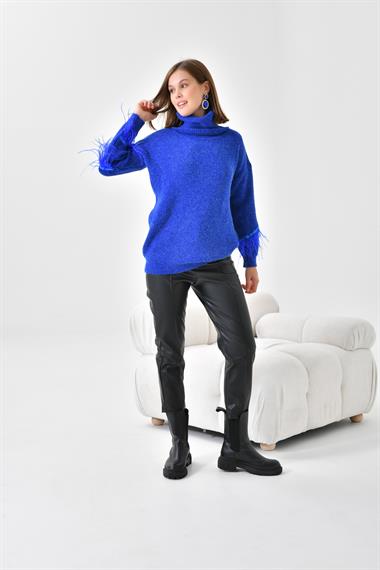 FTZ Women Kadın Kuş Tüyü Detaylı Kazak  Saks Mavi 20409