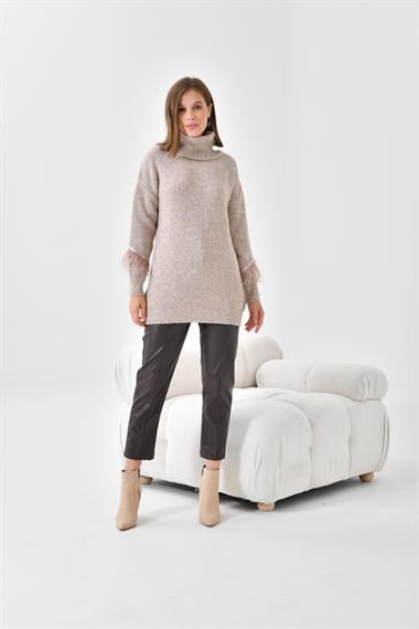 FTZ Women Kadın Kuş Tüyü Detaylı Kazak  Taş 20409