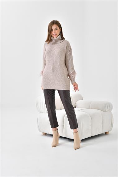 FTZ Women Kadın Kuş Tüyü Detaylı Kazak  Taş 20409