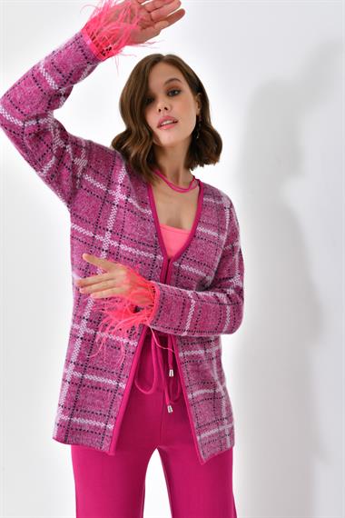 FTZ Women Kadın Kuş Tüyü Detaylı Pantolonlu Takım  Fuşya 20572