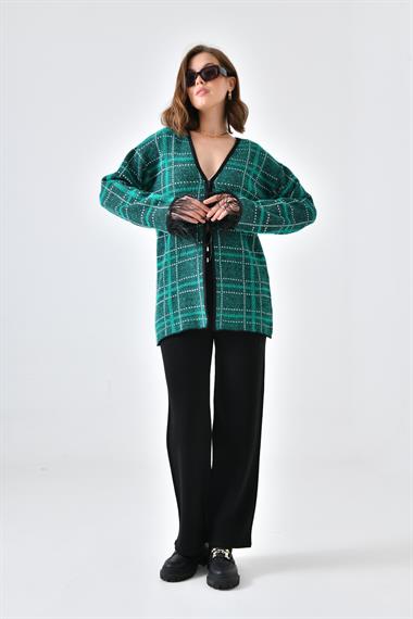 FTZ Women Kadın Kuş Tüyü Detaylı Pantolonlu Takım  Siyah Ekru 20572