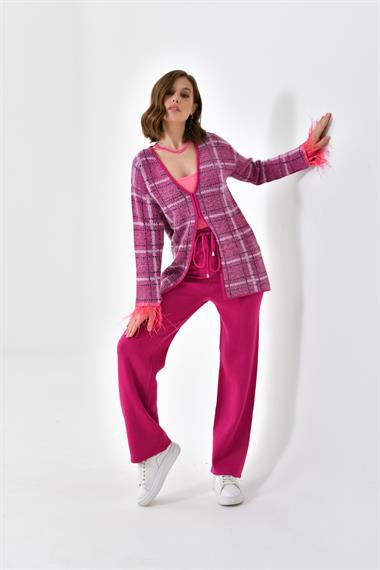 FTZ Women Kadın Kuş Tüyü Detaylı Pantolonlu Takım  Fuşya 20572