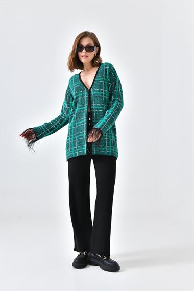 FTZ Women Kadın Kuş Tüyü Detaylı Pantolonlu Takım  Siyah Ekru 20572