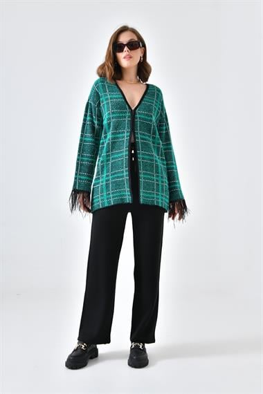 FTZ Women Kadın Kuş Tüyü Detaylı Pantolonlu Takım  Siyah Ekru 20572